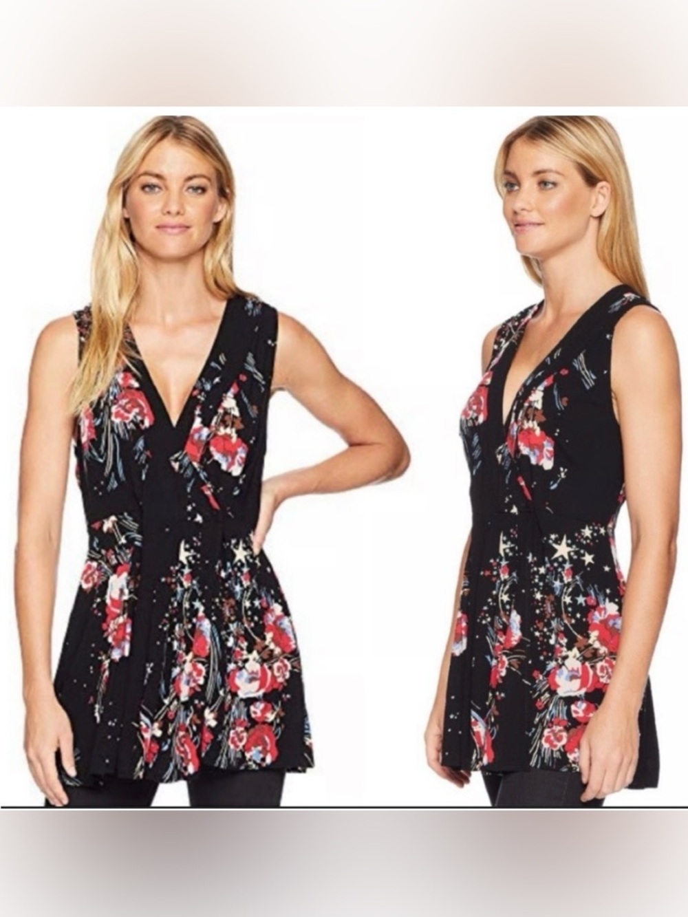 Free People Black Floral Star print Tunic Top Size S